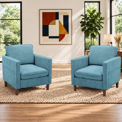 Vista 19 de Kingfun Juego de 2 sillas decorativas, sillas de sala de estar, sillón de lectura de mediados de siglo, felpilla con pie de madera maciza