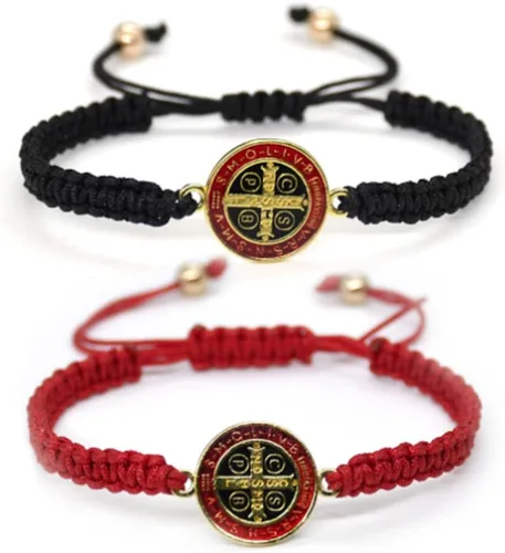 Vista 8 de Pulsera hecha a mano de San Benito, Virgen María, Cruz para mujeres y hombres, cuerda trenzada roja y negra, regalos católicos, joyería religiosa
