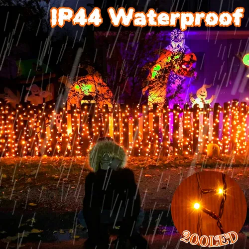 Vista 4 de PEIDUO Luces de Halloween, 200 luces LED naranjas de 82 pies, con sensor de movimiento, decoraciones de Halloween, luces de hadas parpadeantes