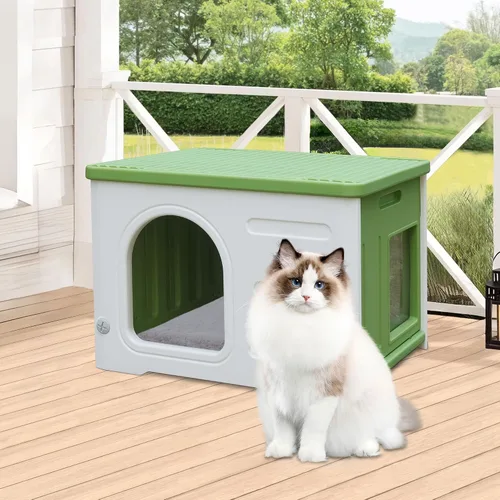 Vista 8 de Casa de plástico para gatos al aire libre e interior, casas impermeables para gatos con puerta de escape, casa resistente para gatos al aire libre