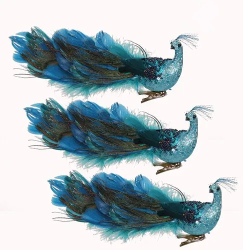 Vista 11 de Adornos de Navidad 2023, plumas de pavo real, pavo real con adorno de purpurina con clip, decoraciones de pájaros falsos para árboles de Navidad