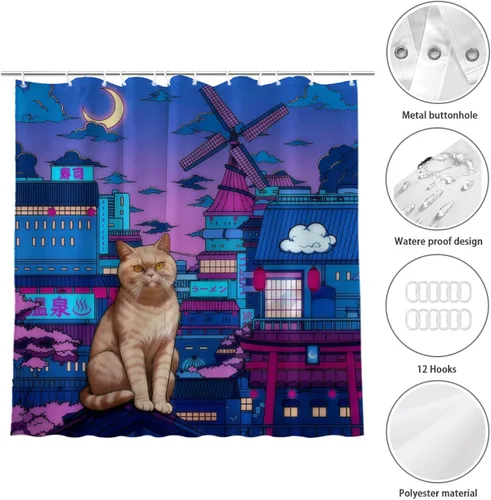 Vista 7 de Cortina de ducha de gato japonés neón de ciudad, impermeable, decoración Cyberpunk de poliéster para niños y adultos, se adapta a bañera, ducha