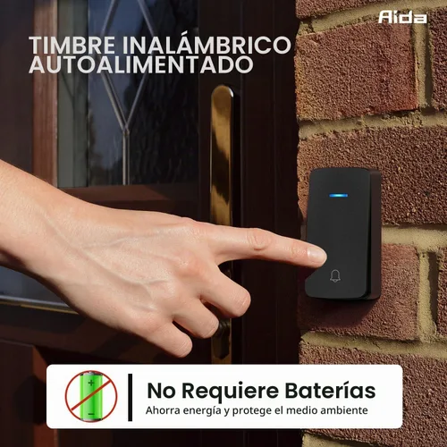 Vista 3 de AIDA - Timbre inalámbrico, timbre autoalimentado con tomacorriente adicional, botón de presión sin necesidad de batería, timbre de puerta Negro