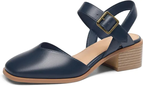 Vista 8 de Coutgo Zapatos de vestir de tacón bajo y grueso para mujer, con puntera cerrada, con correa de tobillo ajustable Beige