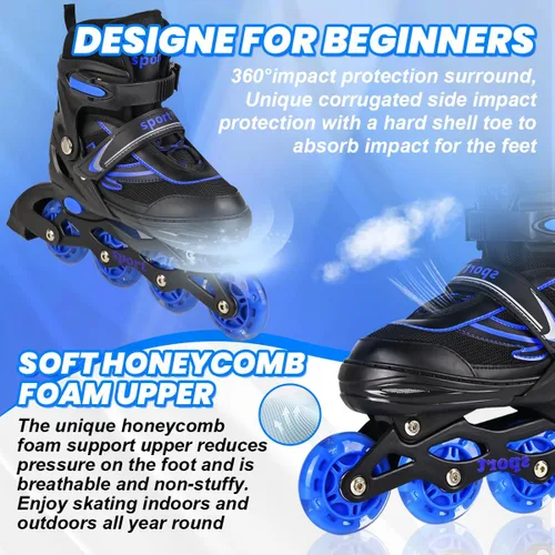 Vista 5 de Patines en línea para niños y niñas, jóvenes y adultos, patines de ruedas ajustables para hombres y mujeres con ruedas completas iluminadas, patines