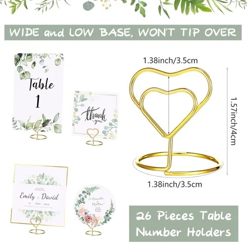 Vista 3 de Spakon 52 piezas de números de mesa de boda 1-25 y 1 tarjeta de cabeza con 26 soportes dorados de números de mesa de corazón para boda, cumpleaños