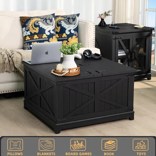 Vista 6 de Joaxswe - Mesa de café de granja con organizador de almacenamiento oculto, mesa central cuadrada grande en negro, mesas bajas de sala de estar