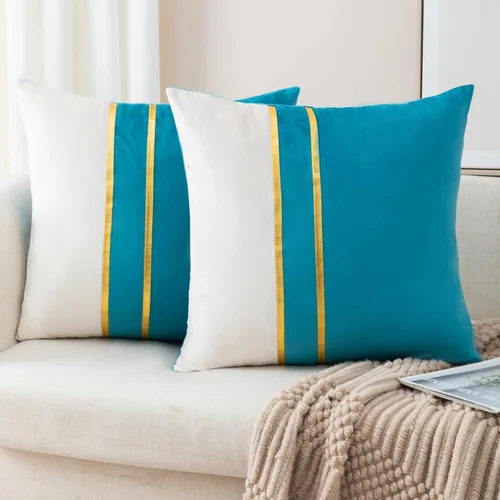 Vista 20 de ZLINA Juego de 2 fundas de almohada decorativas de terciopelo verde aguamarina y blanco con parches y cuero dorado de 16 × 16 pulgadas, fundas