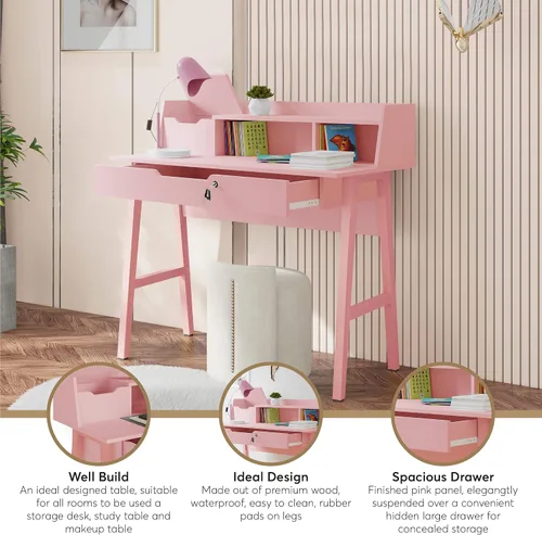 Vista 4 de Crafts and Comfort - Escritorio Pequeño Roma de Diseño Moderno para Dormitorio, Escritorio de Escritura Rosa de 40 Pulgadas con Estante Superior