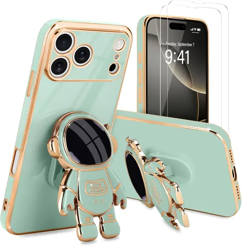 Vista 77 de Pepmune - Funda para iPhone 15 con soporte de astronauta 3D, color negro [2 Screen Protector], Luxury Electroplated Soft TPU Cover with Kickstand