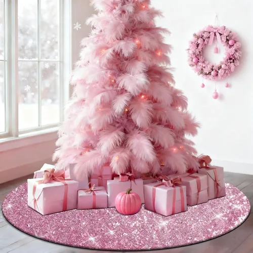 Vista 7 de Falda de Árbol de Navidad Rosa, Falda de Árbol de Lentejuelas Brillantes Rosa de 36 Pulgadas, Alfombrillas de Árbol de Navidad de Purpurina