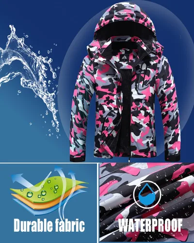 Vista 4 de Chaqueta de esquí impermeable para mujer, resistente al viento, cortavientos, abrigo de nieve cálido con capucha