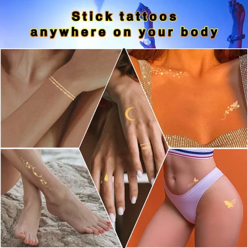 Vista 6 de Uranian Calcomanías temporales para tatuajes faciales dorados, pecas para mujeres, transferencia de mariposas, tatuajes metálicos, estilos mixtos