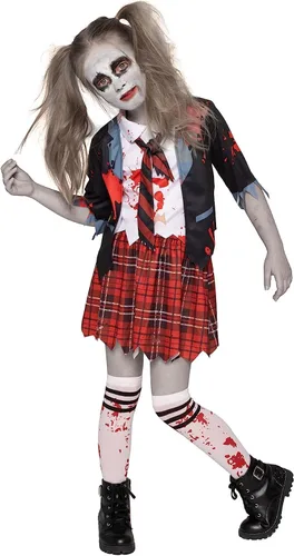Vista 3 de Spooktacular Creations Disfraz de colegiala zombi, disfraz de zombi sangriento para niños, Halloween, escuela, fiesta de eventos