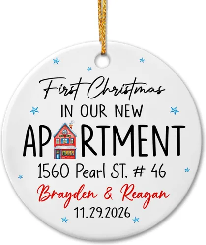 Vista 8 de Adorno de cerámica personalizado para la primera Navidad en nuestro nuevo apartamento, nombres personalizados de Mr Mrs in New Apartamento Christmas