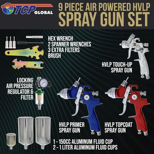 Vista 2 de TCP Global. 3 pistolas de pulverización HVLP con frascos, regulador de aire y kit de mantenimiento para todas las pinturas, imprimaciones
