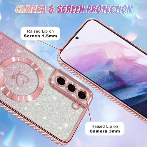 Vista 4 de Bonoma - Funda compatible con Samsung Galaxy S21 Plus, diseño de corazón con purpurina, color rosa Support for MagSafe, Plating Magnetic Case TPU