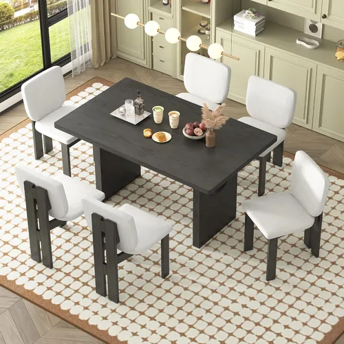 Vista 16 de Merax Juego de mesa de comedor extensible de 7 piezas para 6, mesa de cocina rectangular con 6 sillas tapizadas y respaldo curvado para comedor