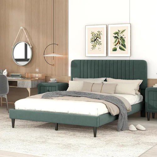 Vista 3 de SOFTSEA Marco de cama Queen con cabecero y patas, plataforma de terciopelo tamaño Queen, marco de cama, muebles de dormitorio
