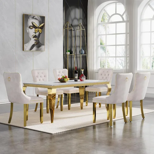 Vista 72 de Juego de mesa de comedor de mármol sintético, 7 piezas, juego de mesa de cocina y comedor para 6, mesa de comedor rectangular blanca de 70 pulgadas