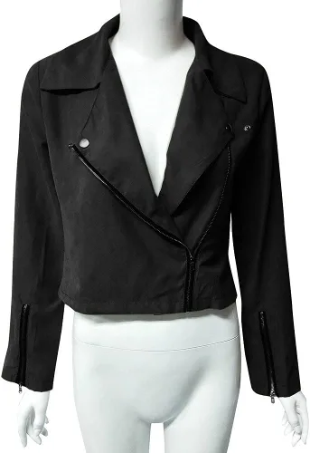 Vista 3 de PEKIOGT Chaqueta de cuero para mujer, de manga larga, para motocicleta, talla grande, chaqueta de moto de color sólido, con cremallera, para otoño