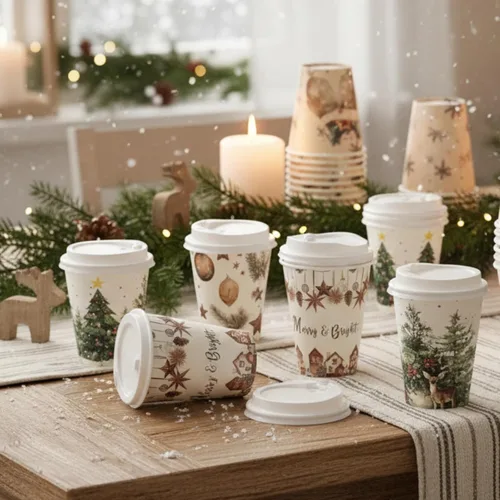 Vista 3 de Gerrii - Juego de 100 vasos de papel de Navidad de 12 onzas con tapas, acogedor invierno