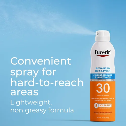 Vista 4 de Eucerin Spray protector solar de hidratación avanzada SPF 30, 6 onzas Protector solar ligero en aerosol SPF 30 con ácido hialurónico