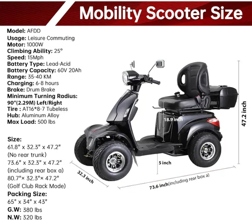 Vista 5 de Scooter de movilidad para adultos, carrito de golf eléctrico de alta resistencia, con 4 ruedas, para personas mayores, potente batería con caja