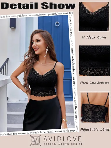 Vista 2 de Avidlove Bralette de encaje para mujer con tirantes delgados, cuello en V, camisolas básicas delgadas