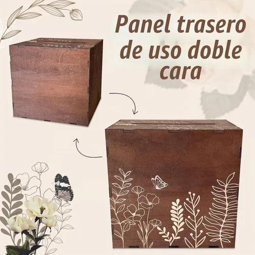 Vista 6 de Caja de tarjetas de boda marrón OurWarm para recepción con ventana acrílica en forma de corazón, caja de regalo de madera para boda