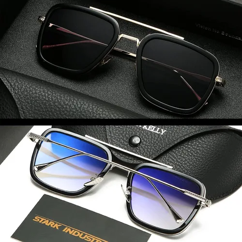 Vista 6 de SHEEN KELLY Trendy Square Pilot Sunglasses Men Women Vintage Rectangular Metal Frame Shades Eye Glasses Tony Stark