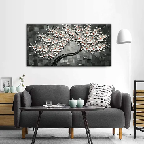 Vista 5 de Tyed Art -24x48 pulgadas Flores Arte Contemporáneo Pintura al óleo Flores Blancas Abstractas Pinturas de Árbol 100% Pintado a Mano 3D Arte Abstracto