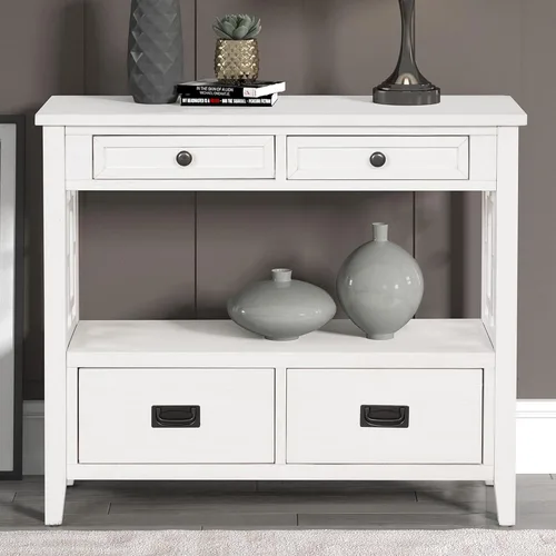 Vista 7 de Mesa consola de 36 pulgadas con 4 cajones y 1 estante de almacenamiento, mesa de madera de pino para entrada, sala de estar, dormitorio, pasillo