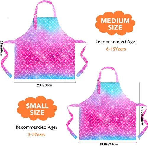 Vista 4 de PASHOP Paquete de 2 delantales para niños, delantales de sirena con bolsillos para niños y niñas, para cocinar, hornear, pintar