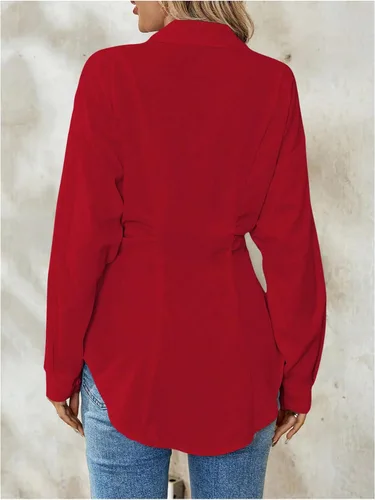 Vista 2 de WDIRARA Blusa de manga larga con botones para mujer, ajustada, con cuello, casual, para el trabajo
