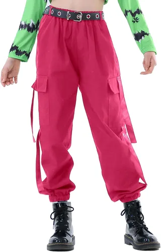 Vista 11 de Rolanko - Pantalones cargo para niñas, ropa callejera holgada, de hip hop, para bailar, de algodón, jogger para niños de 4 a 15 años Verde militar
