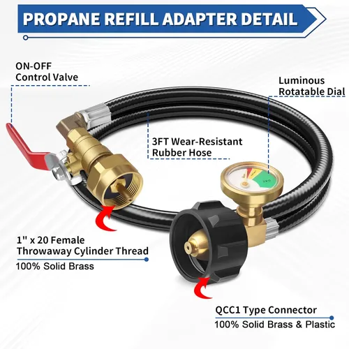 Vista 6 de Boltigen Adaptador de Recarga de Propano para Tanques de 1 libra, Adaptador de Llenado de Propano de 36 pulgadas, Conector Convertidor de Llenado