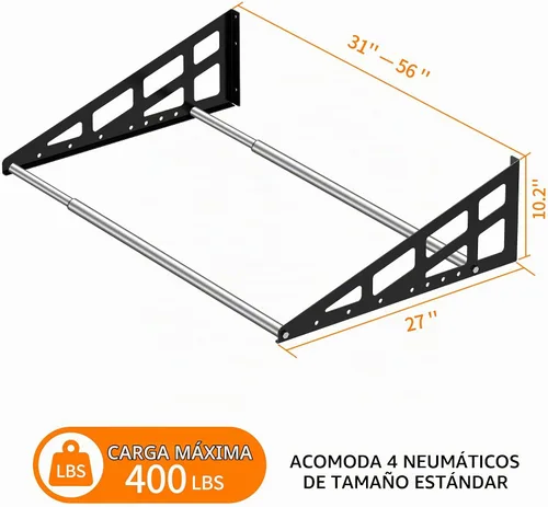Vista 3 de Soporte de pared para neumáticos, resistente y ajustable de 31 a 56 pulgadas, estantes de ruedas para garaje con varillas telescópicas, garaje