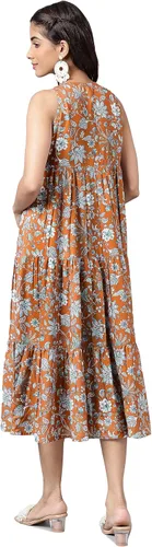 Vista 7 de Janasya Vestido escalonado con estampado floral digital de musgo marrón para mujer