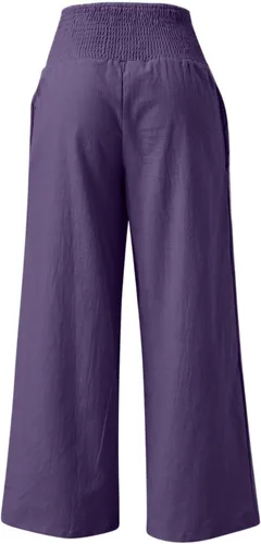 Vista 4 de SHAOBGE Pantalones palazzo de verano para mujer, cintura alta, pierna ancha, casual, cintura elástica, pantalones de playa con bolsillos
