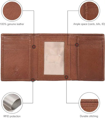 Vista 3 de ESTALON Billeteras delgadas RFID para hombre - Cartera de cuero genuino con bolsillo frontal triple, Beige Bronceado, Billetera triple