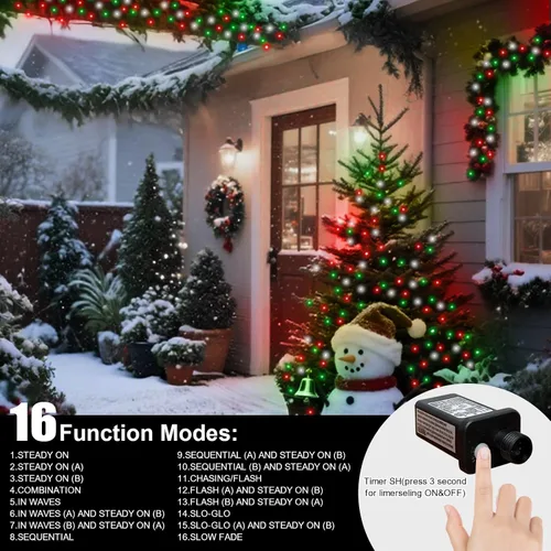 Vista 3 de Cadena de luces decorativas navideñas de 33 pies, 100 luces LED de alambre verde, luces de hadas estrelladas enchufables, 16 modos de iluminación