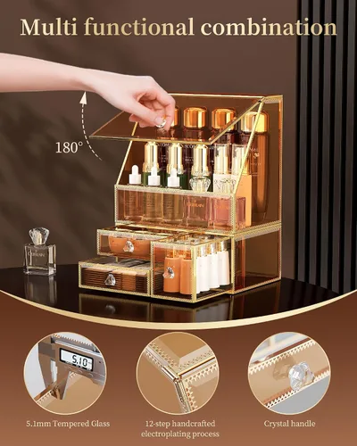 Vista 3 de CoralHouse Organizador de maquillaje, organizador de maquillaje ámbar con cajón, soporte para el cuidado de la piel para encimera de baño, vitrina
