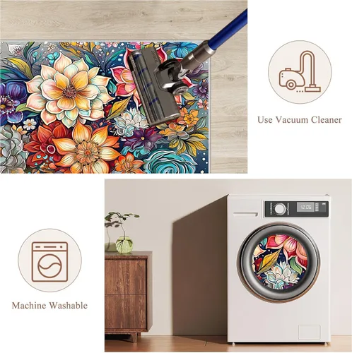 Vista 6 de Juego de 2 tapetes de cocina coloridos y bohemios con diseño floral, antideslizantes, gruesos, bohemios, con flores, acolchados, antifatiga, tapetes