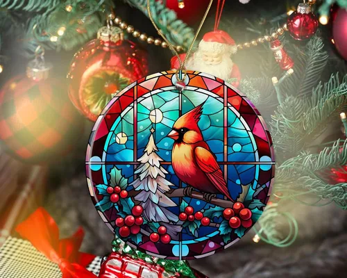 Vista 2 de Adorno de pájaro de Navidad de vitral, adorno de cerámica, adorno de pájaro de vitral, adorno religioso para cristianos impreso en un lado