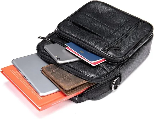 Vista 7 de Hebetag Bolso bandolera de cuero pequeño para hombres y mujeres, para viajes al aire libre, negocios