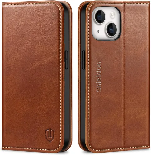 Vista 13 de SHIELDON Funda para iPhone 14 de 6.1", Funda tipo cartera de cuero genuino [Cierre magnético] [Ranuras para tarjetas con bloqueo RFID] [Soporte]