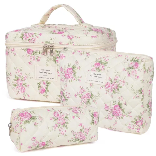 Vista 16 de honitty Bolsa de maquillaje, bolsas de cosméticos acolchadas, bolsas de maquillaje florales grandes para mujeres, organizador de maquillaje, bolsa
