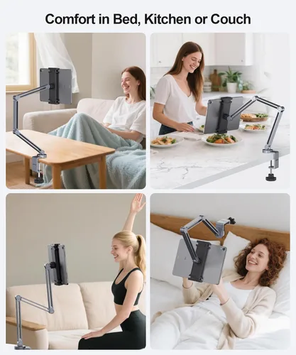 Vista 6 de YICOSUN Soporte de brazo para tableta con súper agarre, soporte plegable ajustable y abrazadera giratoria de aluminio resistente de 360° para iPad