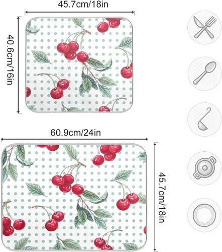 Vista 3 de Tapete de secado de platos con diseño de lunares de cereza y acuarela, para encimeras de cocina, fregaderos, tapete de secado absorbente resistente